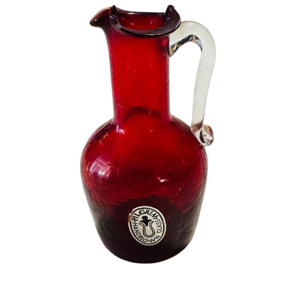 Pilgram Glass Vintage Hand Blown Red Crackle Glass Mini Pitcher